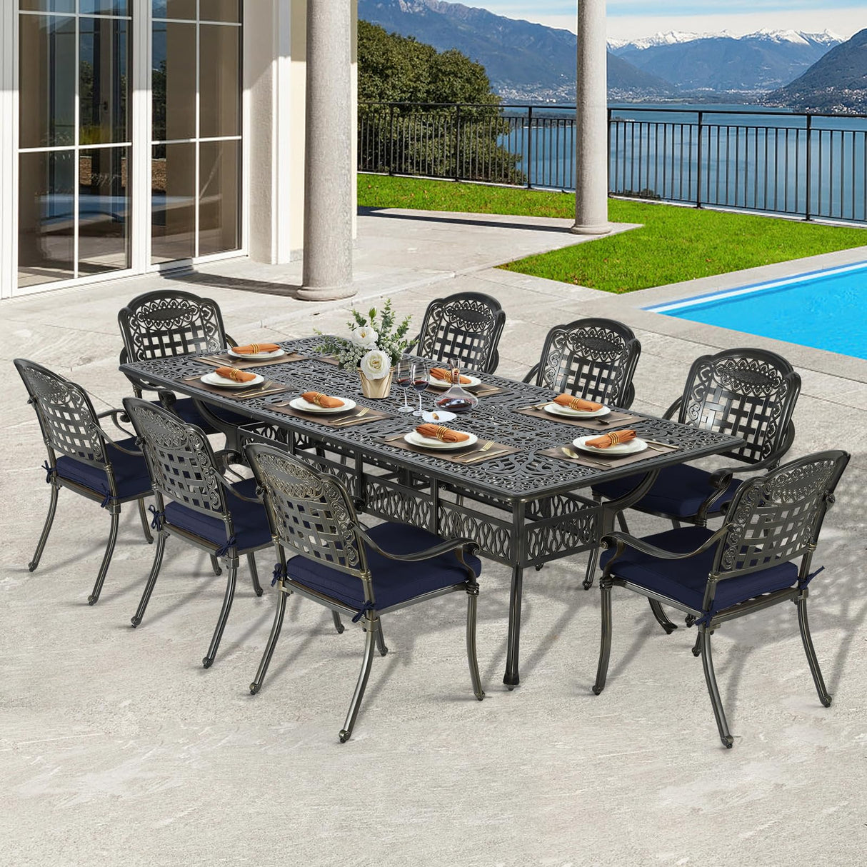 VIVIJASON 94.5" Patio Dining Table for 8-10 People, Large Rectangle Cast Aluminum Dining Table with 2" Umbrella Hole, Weather-Resistant Patio Dining Table for Deck Garden Backyards, Dark Bronze VIVIJASON