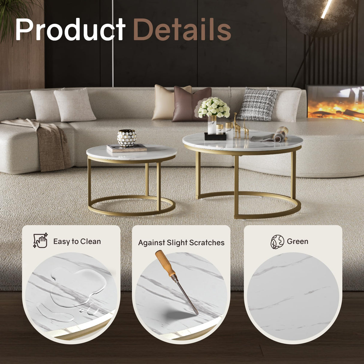 Otterease Nesting Tables Set of 2, 31.5" Round Coffee Table, Small Nesting Coffee Table with Adjustable Non-Slip Fee, White Marble Top Stack Nesting Tables Set of 2 for Living Room, Bedroom (White) Otterease