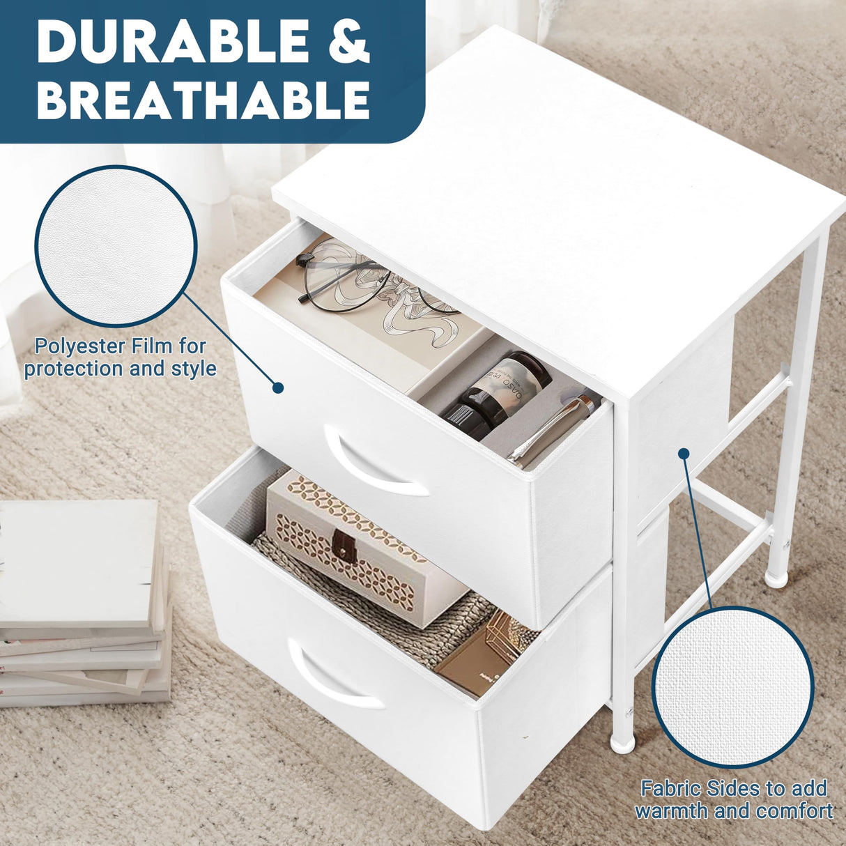 LOFTEY White Nightstand, Bedside Table with 2 Drawers, Small Kids Night Stand for Bedroom, Bed Side Table with Storage, 15.7" L x 11.8" W x 21" H LOFTEY