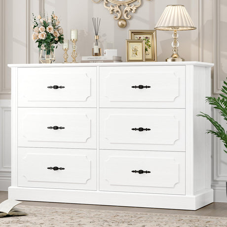 finetones White Dresser 6 Drawer, 47.2'' White Dresser Chest of Drawers, Farmhouse Wide Dresser White Chest of Drawers with Designed Drawer Surfaces, 6 Drawer Dresser Storage Organizer finetones