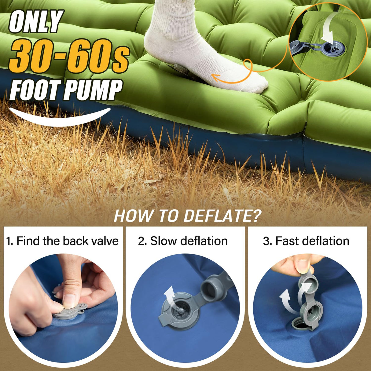 Yuzonc Double Sleeping Pad - Self Inflating 4" Extra-Thick for 2 Person with Pillow Built-in Foot Pump Inflatable Sleeping Mat for Backpacking, Hiking, Traveling, Tent, Portable Camping Mat Yuzonc