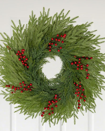 ESTABA Artificial Christmas Wreaths for Front Door,26" Large Winter Wreaths for Indoor and Outdoor Christmas Decorations,Norfolk Pine Door Wreath with Red Berries for Wall Window Porch Farmhouse Stair