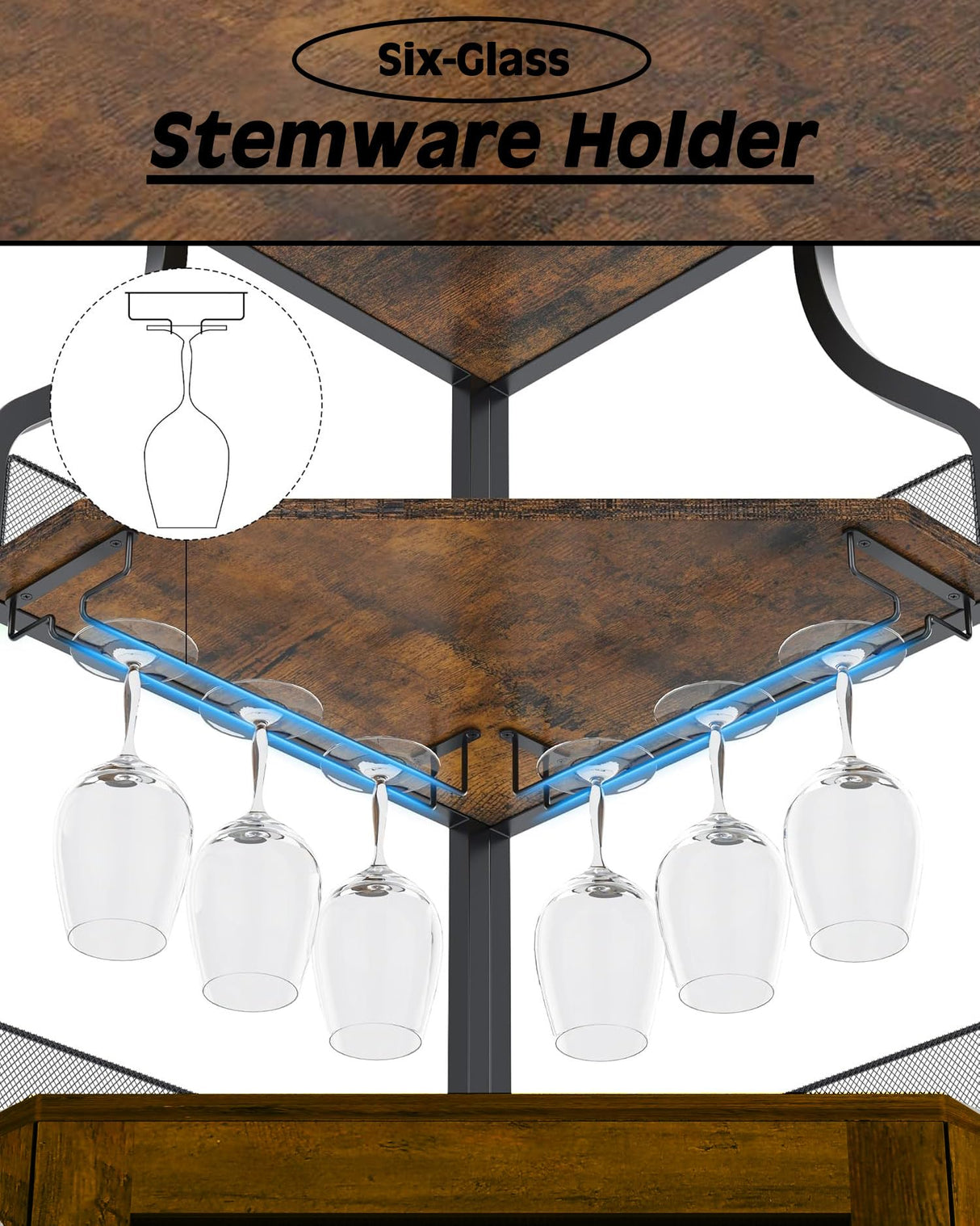 Tioutbot Corner Bar Cabinet with LED Light, Wine Bar Cabinet and Glass Holder, 5-Tiers Storage Space, Industrial Wine Rack for Small Space, Dining Room Tioutbot
