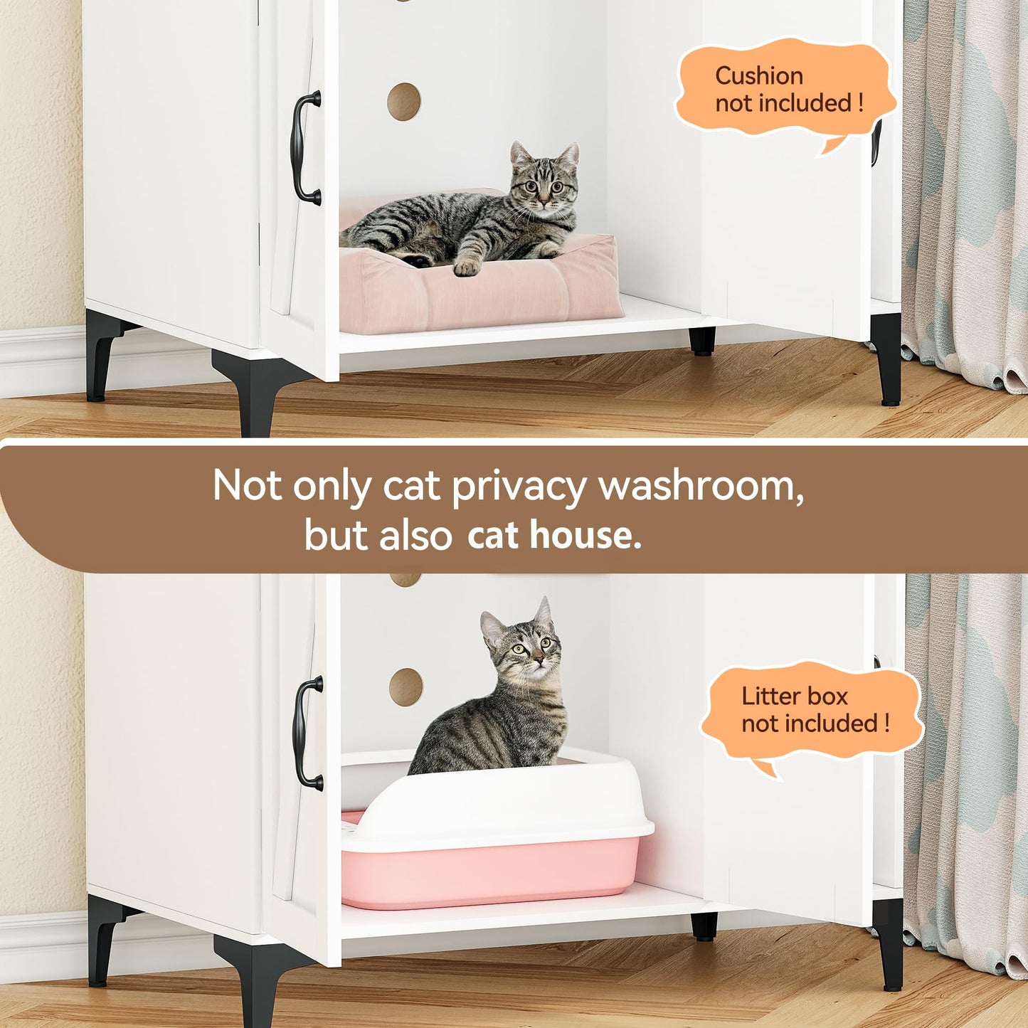 GarveeLife Cat Litter Box Enclosure with Shelves,Cat Litter Box Cabinet,Hidden Cat Box Furniture with Scratching Mat,Wood Sturdy Cat Washroom Storage, Indoor Cat House,White