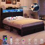 Etditrnp Queen Bed Frame with Storage Headboard, Upholstered Black Bed Frame with 4 Drawers, LED Lights, and Charging Station, Heavy-Duty Metal Slats Support, Noise-Free Etditrnp
