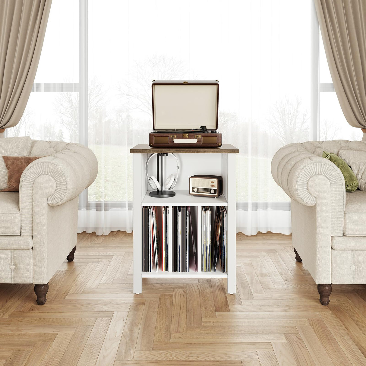 Record Player Stand, Vinyl Record Storage Table End Table with Display Shelf Holds up to 130 Albums, Large Nightstand Wood Turntable Stand Cabinet Side Table for Living Room, Bedroom, White LIDYUK