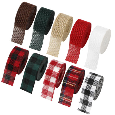 Whaline 10 Rolls 50 Yard Christmas Plaid Burlap Ribbon Rolls 1 Inch Gift Wrapping Ribbon Winter Xmas Decorative Ribbon for DIY Crafts Wreath Bow Making Supplies