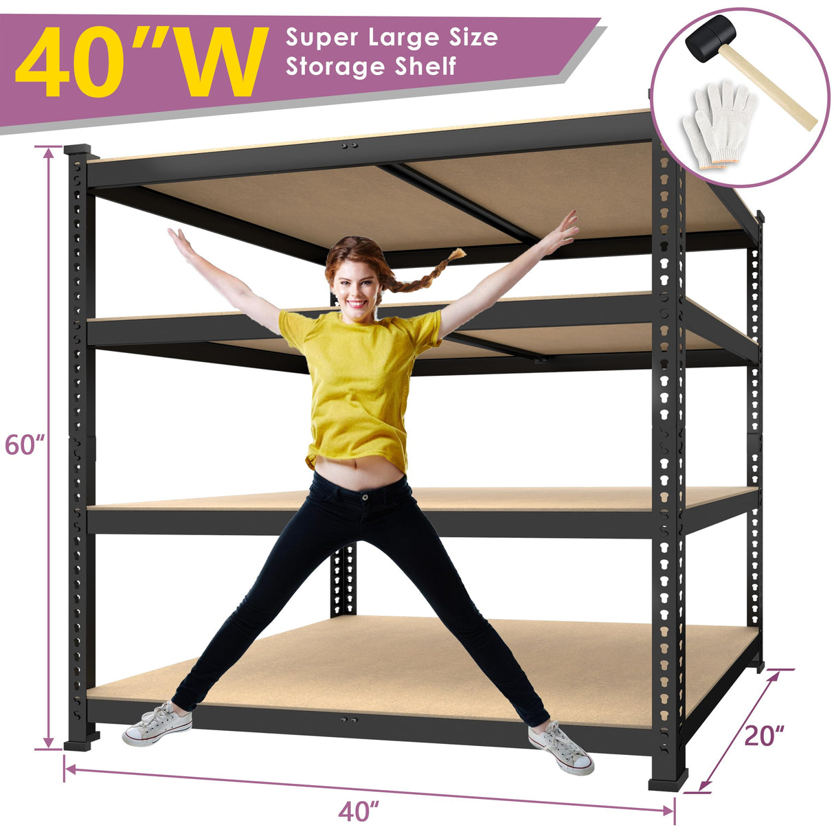 Prilinex Heavy Duty Storage Shelves 40" W x 20" D x 60" H - 4-Tier Adjustable Metal Garage Shelving Unit, Standing Utility Shelf Racks for Pantry Warehouse Kitchen, Black Prilinex