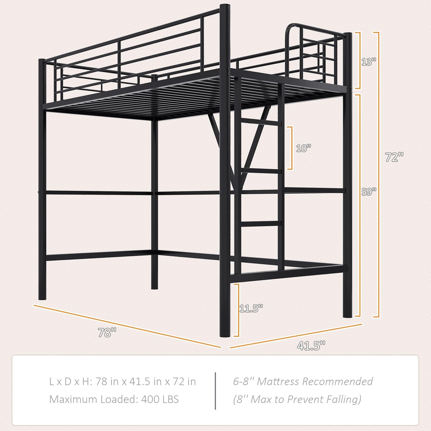 VECELO Twin Size Loft Bed with Full-Length Guardrails and Removable Ladder, Heavy-Duty Metal Frame, Space-Saving Design & Noise-Free, Black