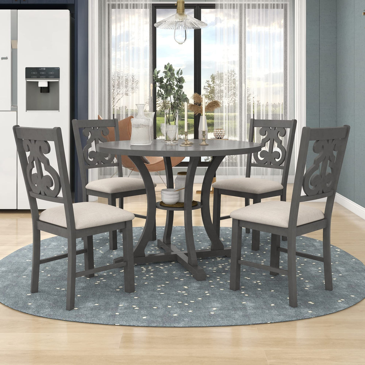 Merax 5 Piece Round Dining Table Set 4 Retro Chairs with Special-Shaped Table Legs, Exquisitely Designed Hollow Chair Back for Dining Room, Gray Merax