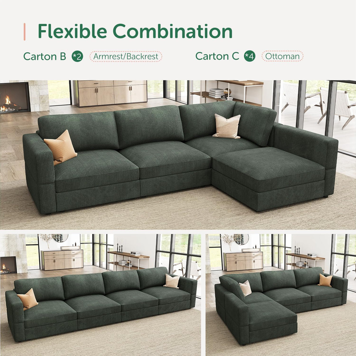HONBAY Modular Sectional Couches with Storage Corduroy Sectional Sleeper Sofa Modular Sectional Couches for Living Room,Green HONBAY