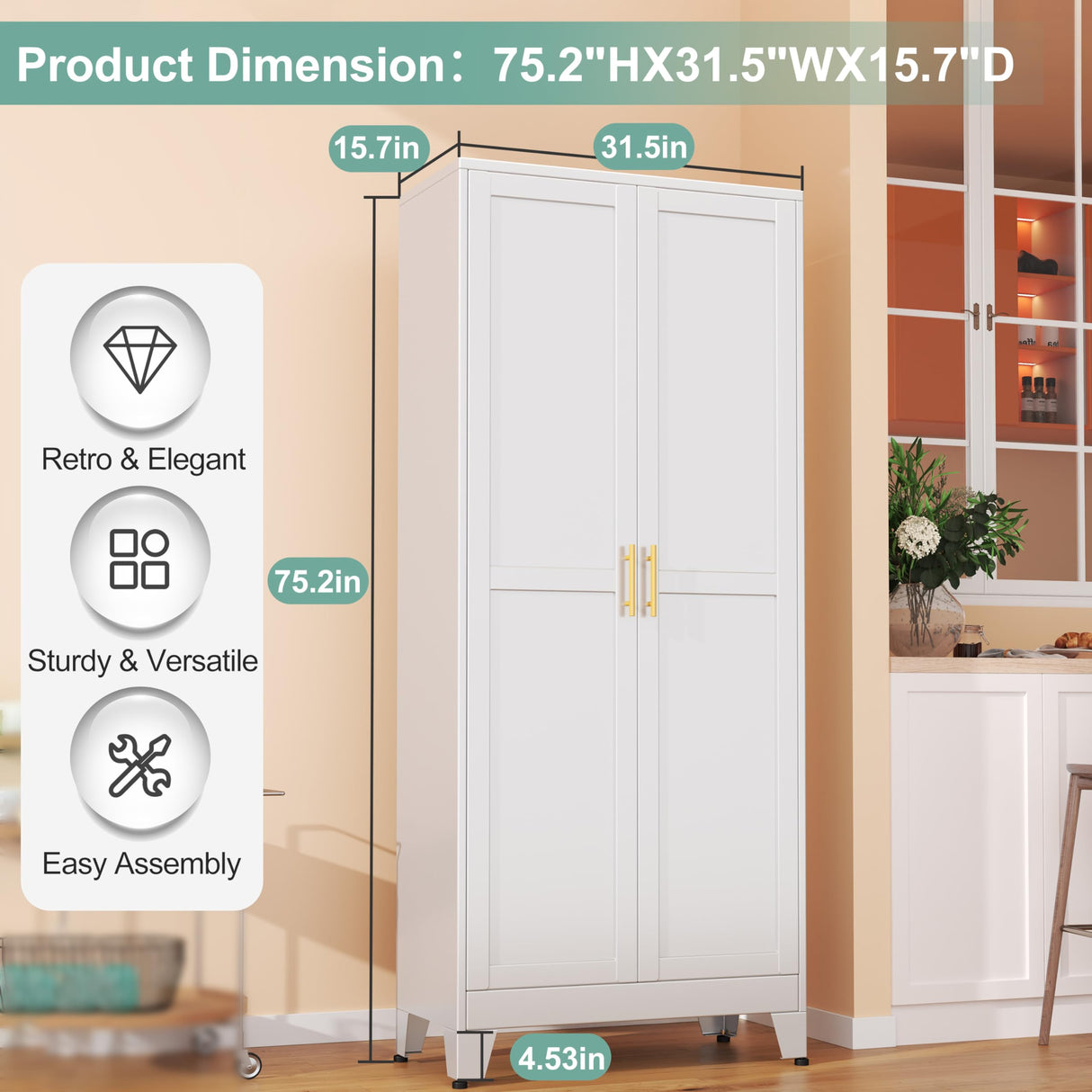 Metal Pantry Cabinet with 2 Doors and 5 Adjustable Shelves, 75" Kitchen Storage cabinets with Gold Handles, Versatile Storage for Laundry Room, Living Room, Bathroom, Dinning Room, Utility Room-White winiowa