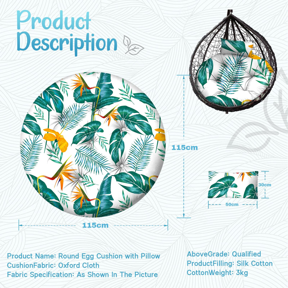Outdoor Round Egg Chair Cushion Replacement, Waterproof 45"L x 45"W Thicken Hanging Swing Egg Chair Cushions with Headrest Pillow, Wicker Basket Eggs Chairs Pad for Garden Offices(Yellow Green Leaf) Uthem