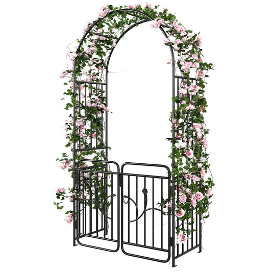 YITAHOME Metal Garden Arbor with Gate, Garden Arch for Climbing Plants Outdoor, Wedding Arches for Ceremony, Black Garden Archway for Backyard, Lawn and Patio