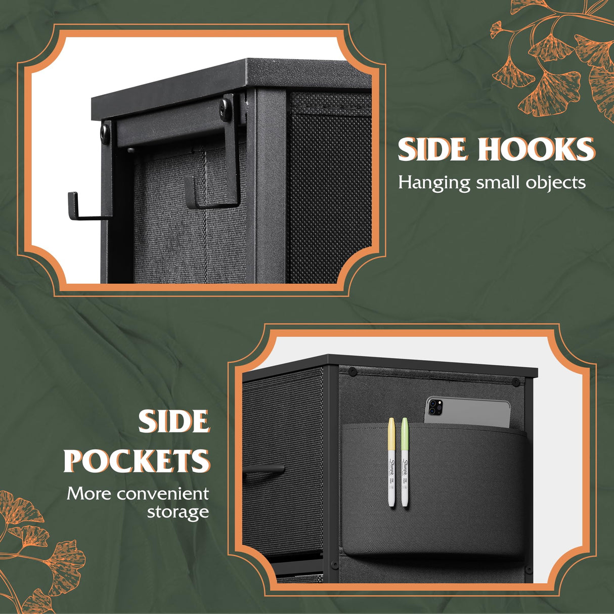 WLIVE Dresser for Bedroom with 10 Drawers, Fabric Dresser Chest of Drawers with Side Pockets and Hooks, Sturdy Metal Frame, Drawers Organizer Unit for Living Room, Hallway, Black WLIVE