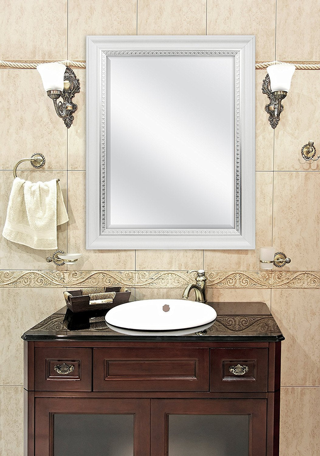 MCS 23x29 Large Wall Mirror, White Woodgrained Frame with Silver Embossed Detail & Beveled Detail Mirror, Vertical & Horizontal Wall Hanging Mirror for Bathroom, Bedroom & Livingroom MCS