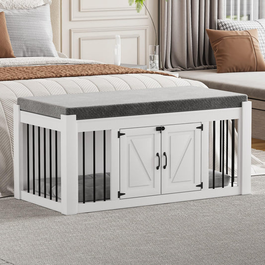 Faceket Indoor Dog Crate Furniture with Padded Seat, Wooden Dog Kennel, End of Bed Bench Ottoman with Removable Cushion, 47.2" L x 23.6" W x 22.4" H，White - WoodArtSupply