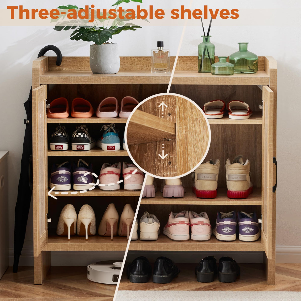 Mericonia Shoe Cabinet Storage for Entryway, Natural Rattan Shoe Storage Cabinet, Wooden Shoe Rack Cabinet, Farmhouse Boho Wood Shoe Organizer Cabinet for Hallway Mericonia