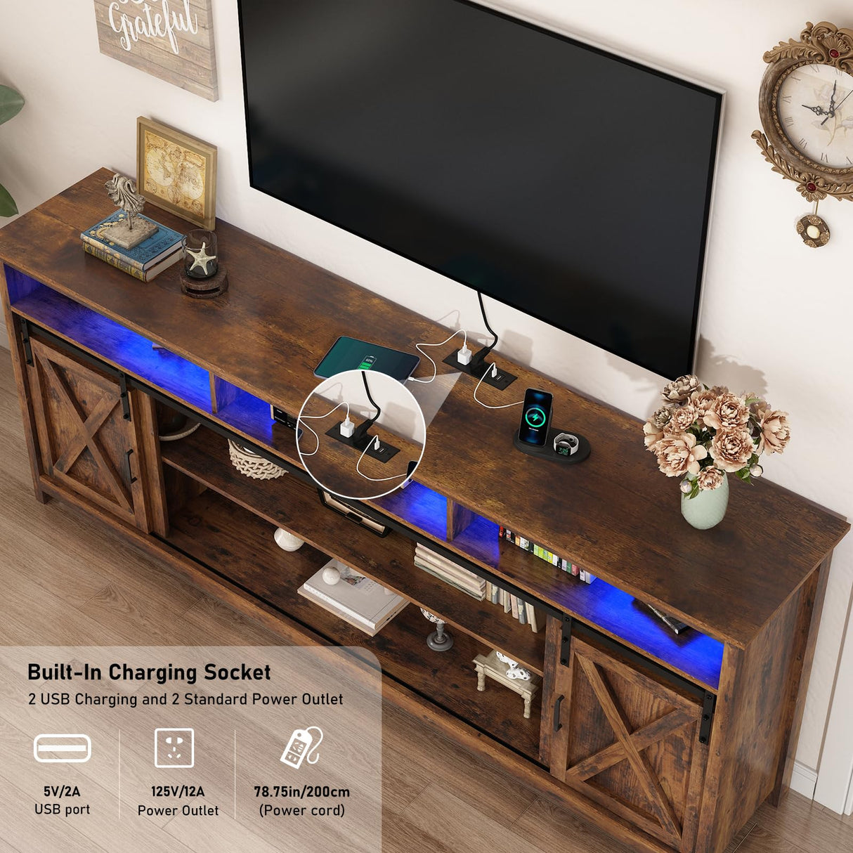 80" LED Farmhouse TV Stand for 90/85/80 Inch TVs,Tall Entertainment Center Storage Cabinets w/Power Outlets and Sliding Barn Door,Rustic TV Stands for Living Room,Media Console Cabinet (Brown) Hlivelood