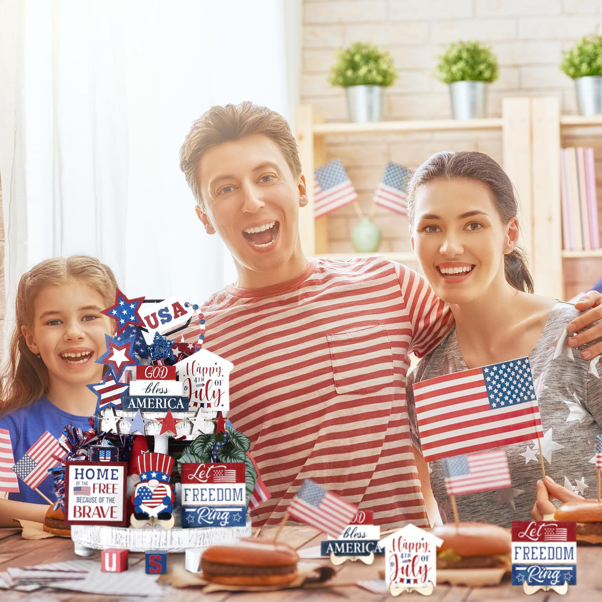 20 Pcs 4th of July Tiered Tray Decor Set - Patriotic Decorations for Independence Day & Memorial Day - Red, White & Blue Wooden Sign - Rustic Farmhouse Table Decor Mifoci