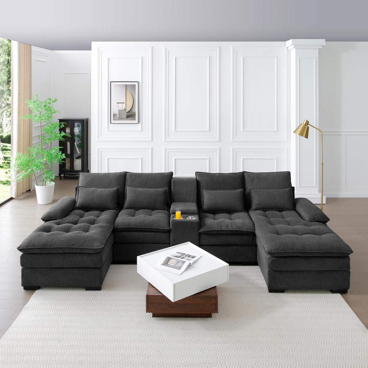 KEIKI 130" U-Shaped 6 seat Sofa with Storage Console, Cup Holders, Upholstered Sectional Sofa, Button Tufted Cloud Cushion Couch for Home, Office, Apartment, Gray KEIKI