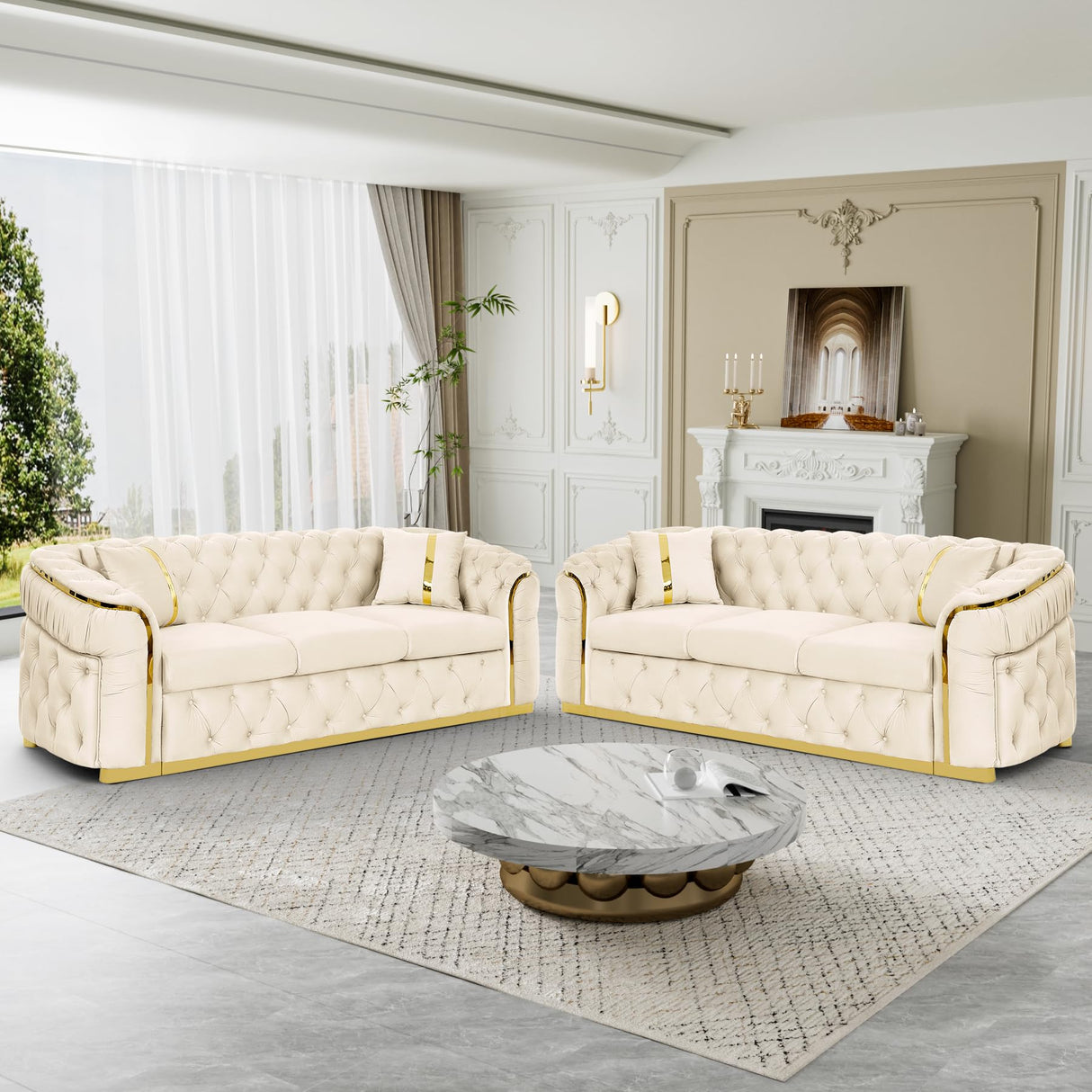 DAMAIFROM Mid Century Modern Chesterfield Sofa Couch, 90.6" Velvet Couch White and Gold Sofa Luxury Loveseat for Living Room, Tufted Sofas with 2 Pillows & Classic Golden Decor, Cream White DAMAIFROM