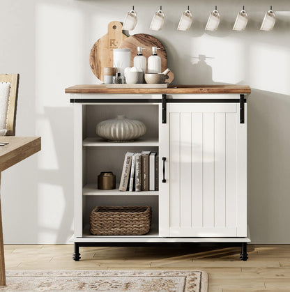 WAMPAT Farmhouse White Buffet Sideboard with Sliding Barn Door and Adjustable Shelf - WoodArtSupply