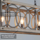 PHILOMENA Antique Wood Farmhouse Chandelier, 3-Light Rustic Bronze Cage Rectangular Dining Room Light Fixtures Over Table, Rectangle Linear Foyer Pendant Lamp Ceiling Hanging PHILOMENA