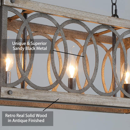 PHILOMENA Antique Wood Farmhouse Chandelier, 3-Light Rustic Bronze Cage Rectangular Dining Room Light Fixtures Over Table, Rectangle Linear Foyer Pendant Lamp Ceiling Hanging