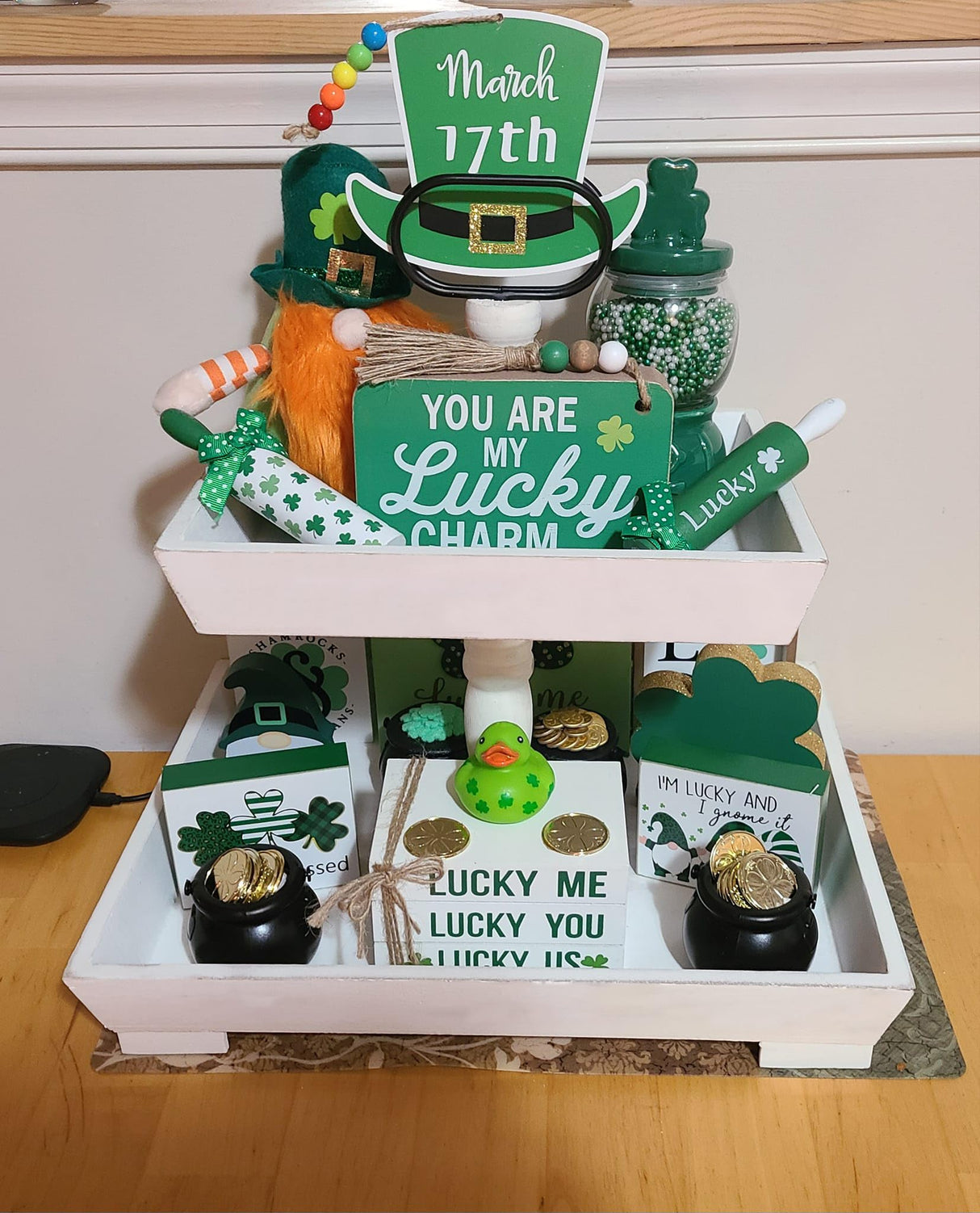 SHINGYU Rectangle Wooden 2 Tiered Tray, Tiered Farmhouse Tray, Kitchen Table Stand, Tier Serving Tray, for Food Fruits Cupcake Display Coffee Bar Home Party Seasonal Decorations (White) SHINGYU