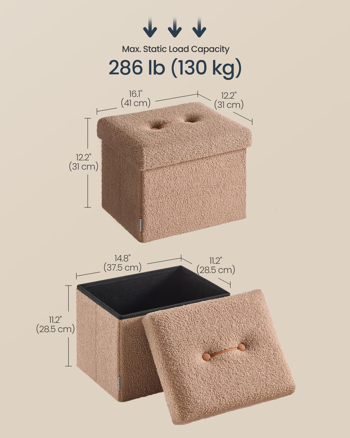 SONGMICS HOME Small Folding Storage Ottoman, Foot Rest Stool, 12.2 x 16.1 x 12.2 Inches, Ottoman with Storage, Load up to 286 lb, for Living Room, Bedroom, Dorm, Camel Brown ULSF094K01 SONGMICS HOME