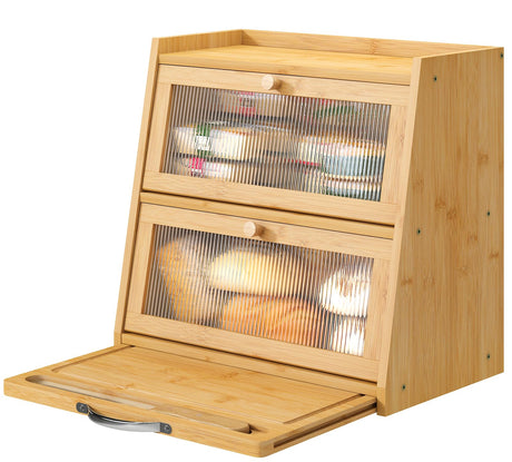 viewcare Large Bread Box for Kitchen Counter With Cutting Board, 2-Tier Bread Box, Bamboo Wood Large Capacity Bread Storage Bin with Acrylic Wavy Door Panel viewcare