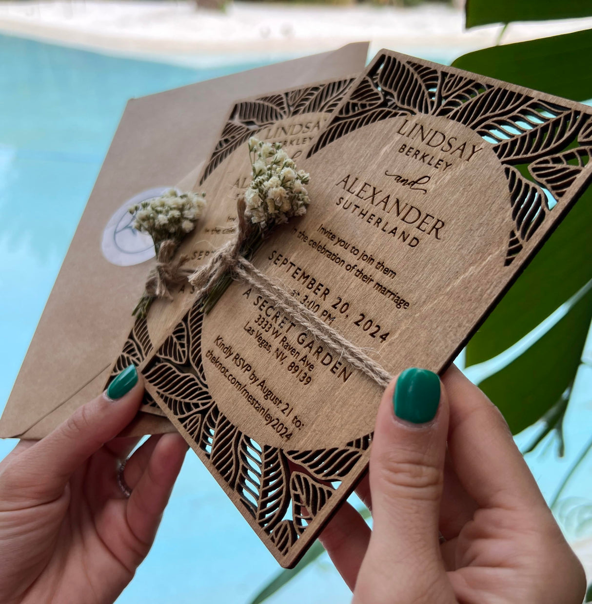 Pack of Personalized Wood Wedding Invitation - Laser Cut Wedding Invitations - White Flower Twined Wooden Invitations with Envelopes & Stickers - vitawed