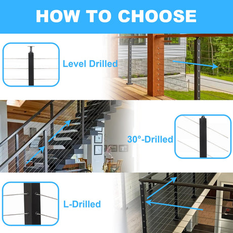 Sidasu 36" Corner Post L-Drilled Cable Railing Post with Fixed Top Mount - Stainless Steel, Black Finish Sidasu