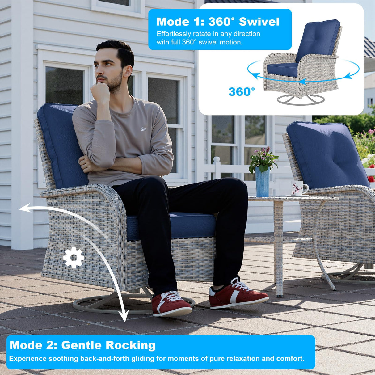 11-Piece Patio Furniture Set, Outdoor Patio Furniture with Fire Pit Table, Swivel Chairs Set, Thick Cushions, Modular Patio Sofa, Dual-Strand Wicker Rattan, Rust-Resistant Frame, Navy Blue Sweecci