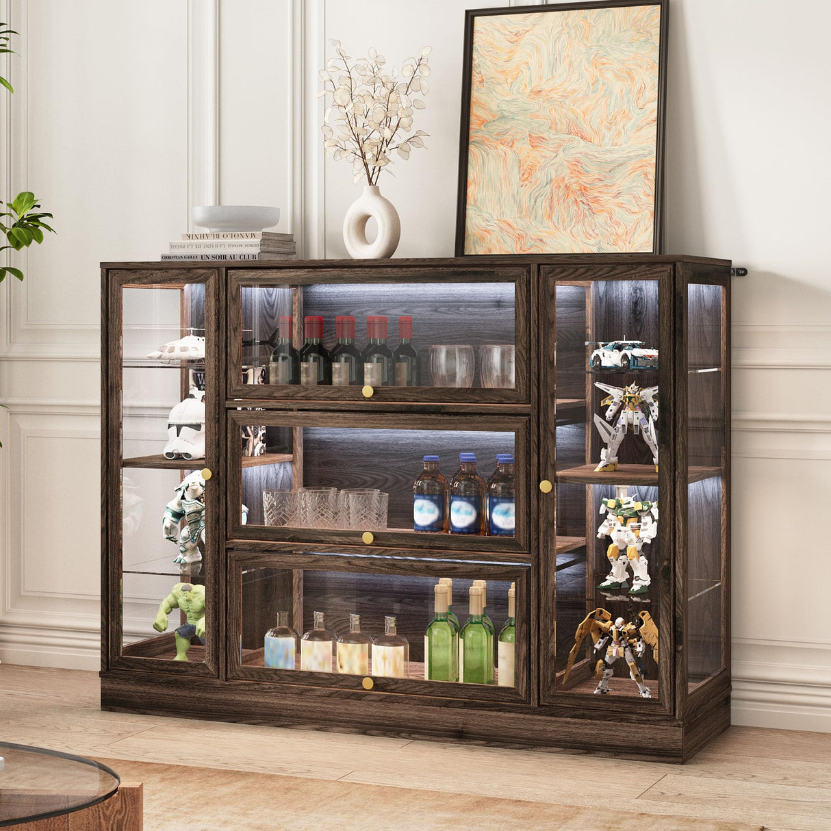 BONITURE Display Cabinet with Acrylic Glass Doors,Extra Wide Curio Cabinet with LED Lighting for Collectibles, Collectibles Toy Organizers Rack & Display Shelf Display Case, Walnut BONITURE