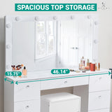 Naomi Home Vera Makeup Vanity with 11 Lights, Vanity Desk with Power Outlet, Makeup Vanity Table with 7 Drawers, Large Mirror, Dressing Vanity Table for Bedroom - White, with Stool Naomi Home