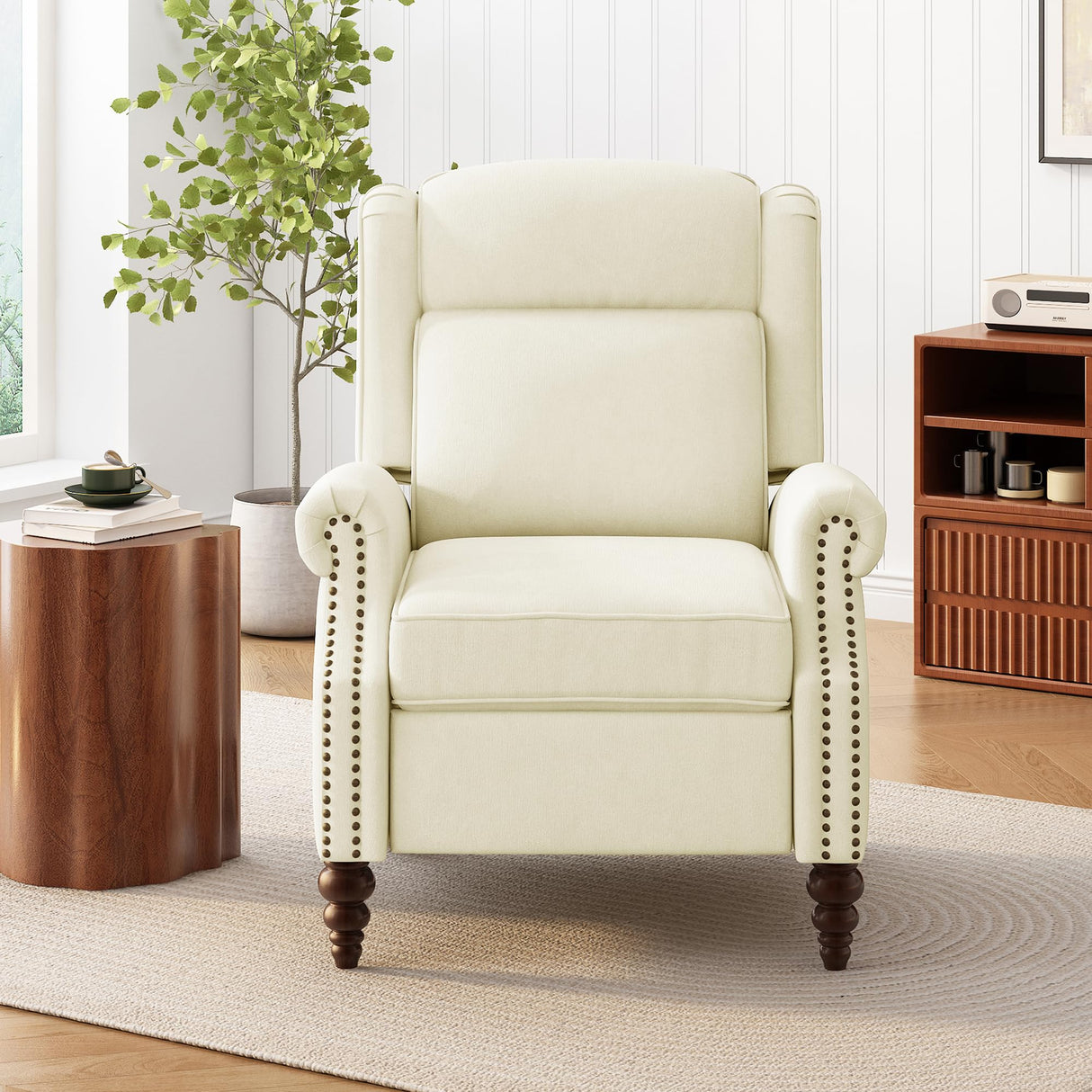 Christopher Knight Home 29.75" Push Back Recliner Chair,Upholstered Recliner Armchair with Classic Wing Back and Solid Gourd-Shaped Wooden Legs, Beige Christopher Knight Home