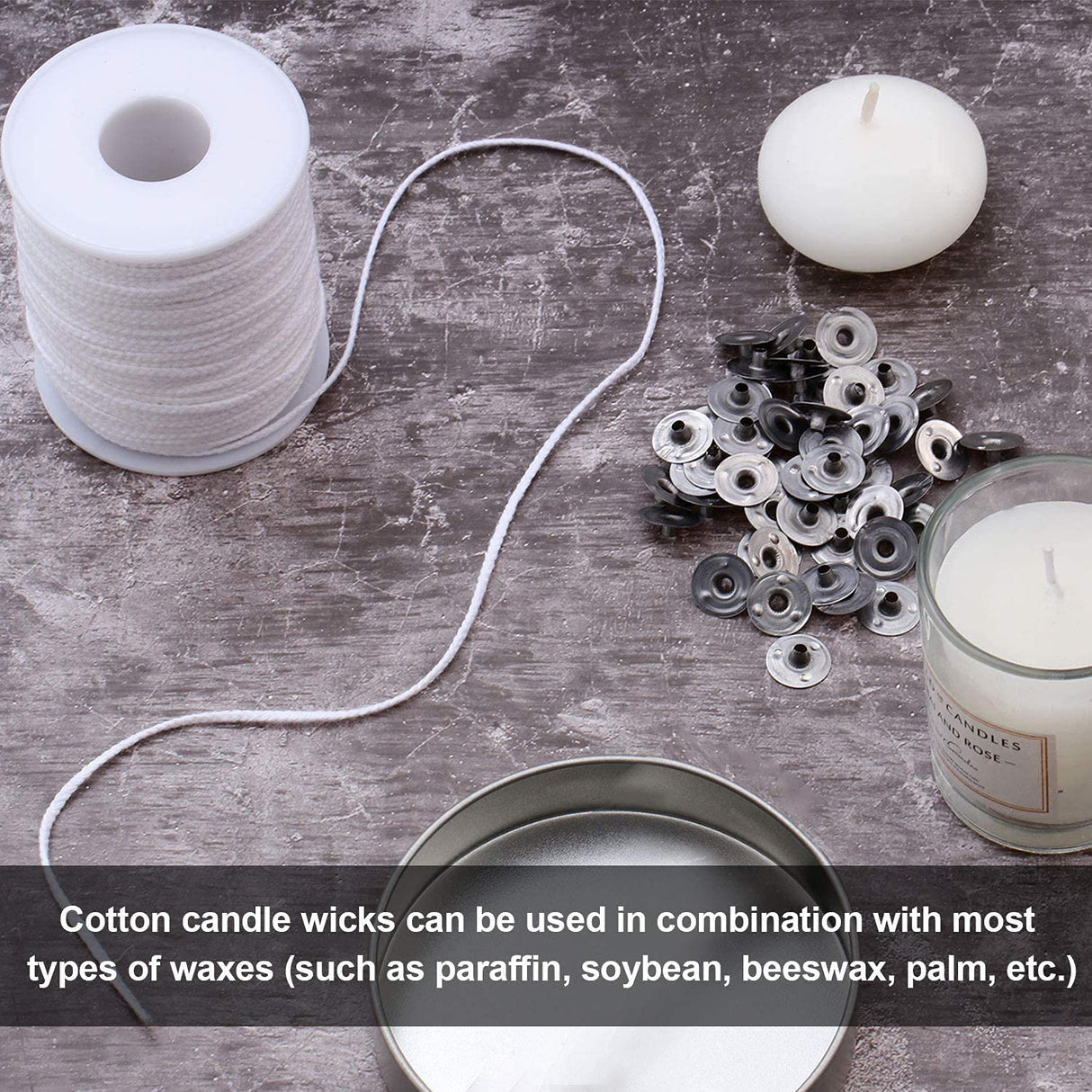 pice QPZ 200 ft Braided Candle Wicks 100% Cotton 21 PLY for Candle Pillars in 1 3/4 inch Dia, for Paraffin Wax Soy Beeswax Candle Making, Sold Separately 200 PCS Candle Wick Sustainer Tabs Metal 14mm pice