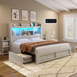 AMERLIFE Queen Bed Frame with 4 Storage Drawer, LED Bed Frame with 49.6" Tall Bookcase Headboard, Wood Platform Bed with Charging Station & 2 Slide Bedside Shelf, No Box Spring Needed/Distressed White AMERLIFE