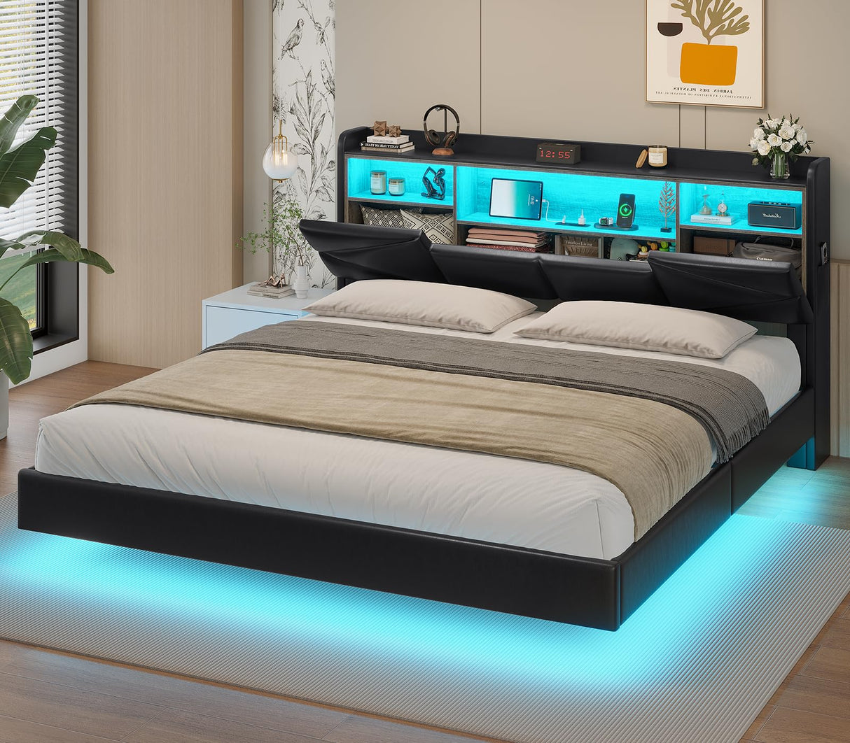 ADORNEVE King Size Floating Bed Frame with LED Lights, Storage Headboard, and Charging Station in PU Black ADORNEVE