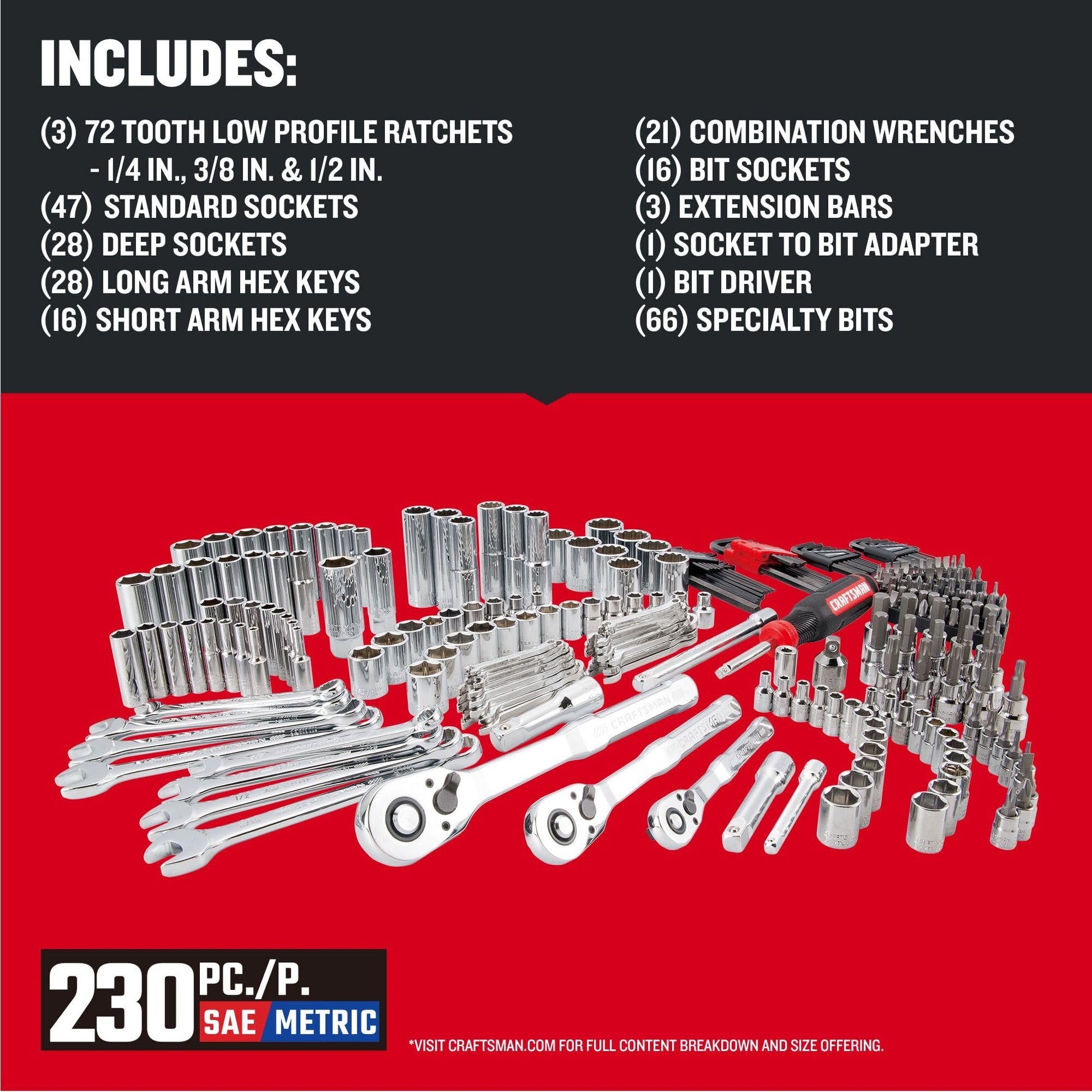 CRAFTSMAN VERSASTACK Mechanics Tool Set, 1/4 in, 3/8 in, and 1/2 in Drive, 230 Piece (CMMT45306) - WoodArtSupply