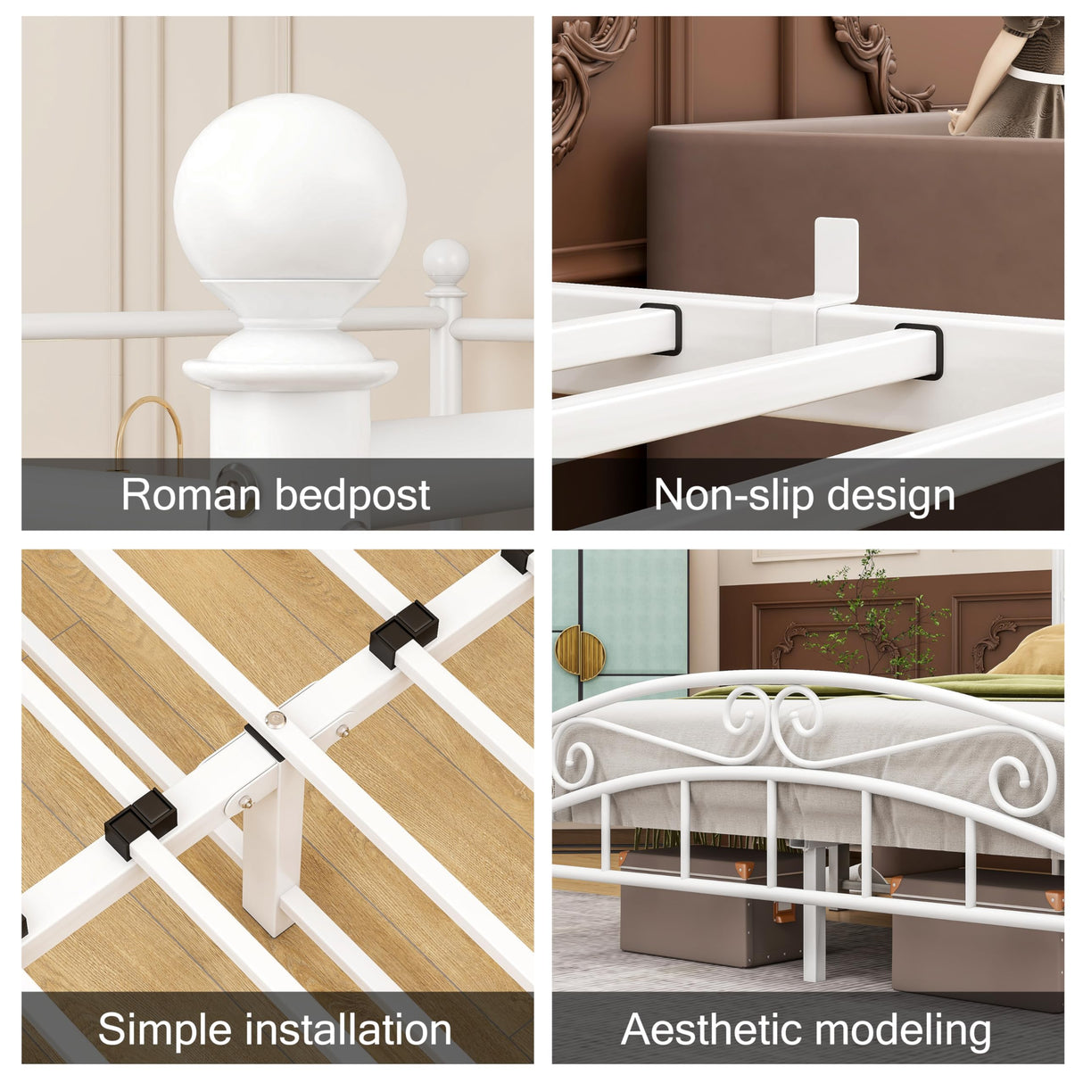 ARFARLY Full Size Bed Frame Four-Poster Metal Canopy Bed Frame Full with Headboard and Footboard Sturdy Slatted Structure No Box Spring Needed White ARFARLY