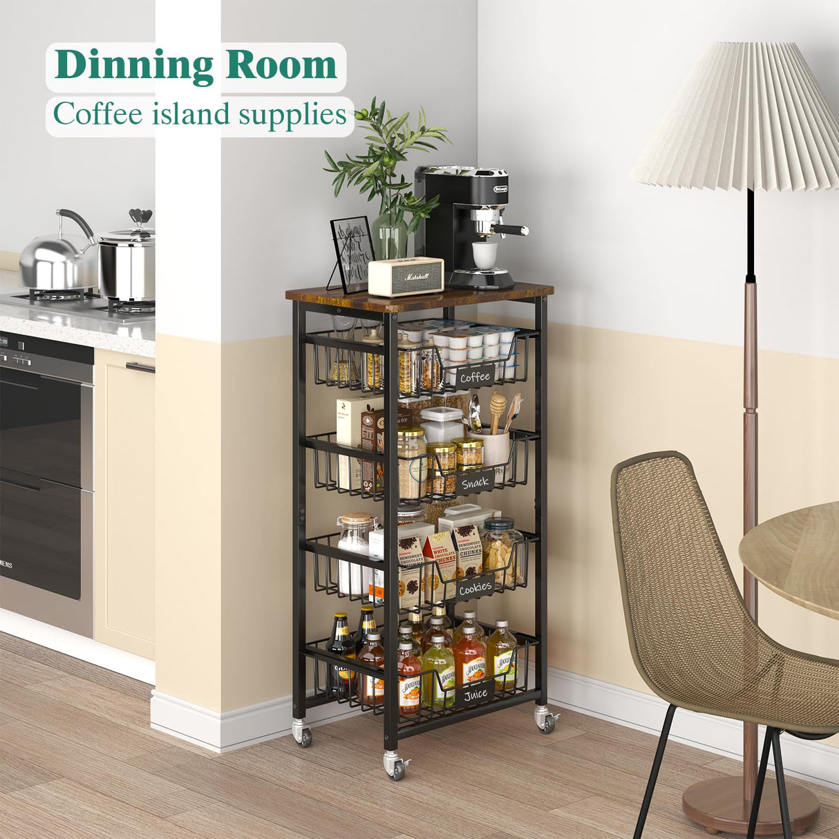 XYZLVSI Kitchen Storage Cart with Wheels, 5-Tier Metal Utility Rolling Cart Fruit Vegetable Storage Basket Pantry Rack with Wood Top & Pull Out Baskets for Kitchen, Livingroom, Diningroom, Office XYZLVSI