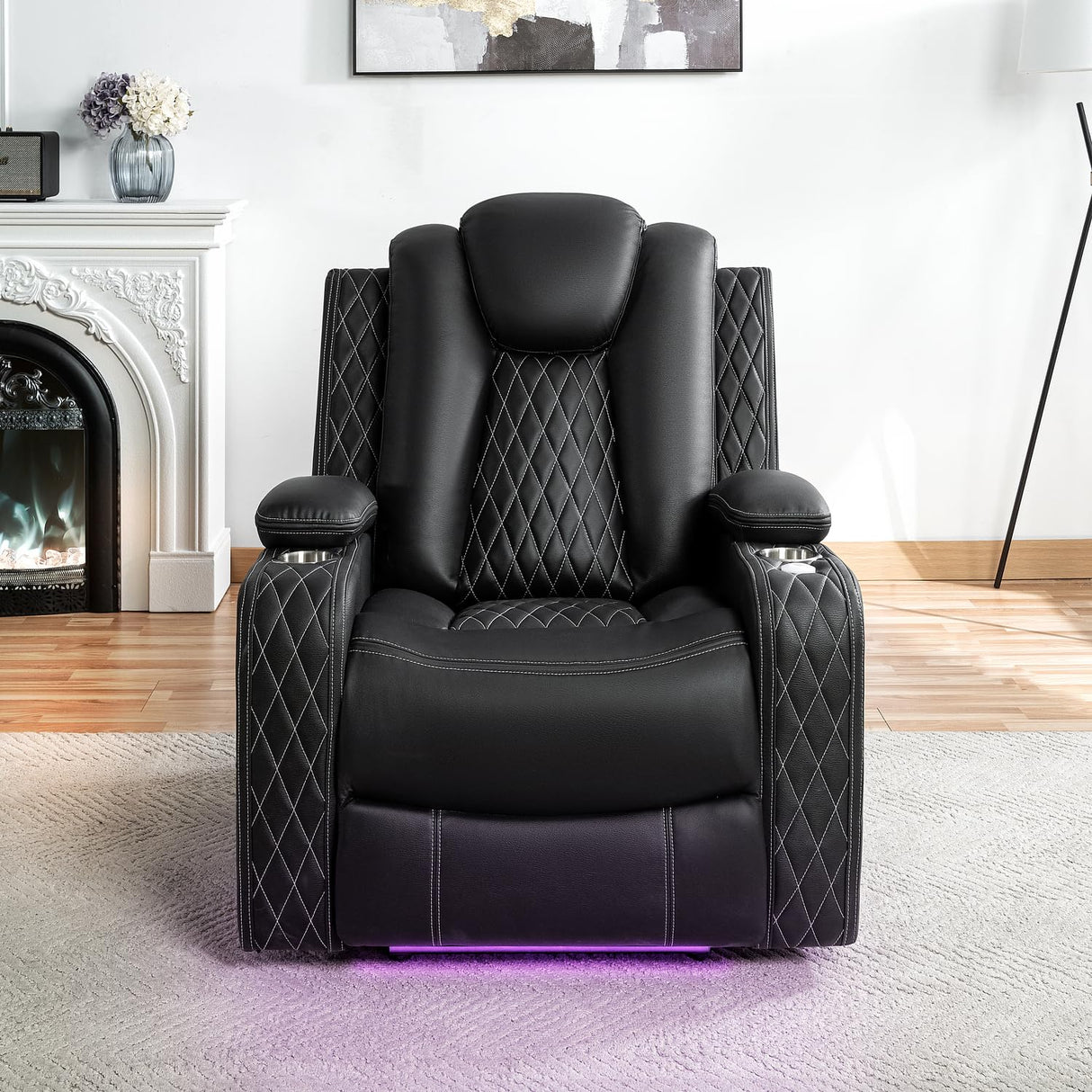 Naomi Home Chicago Recliner Chair in Black Air Leather – Modern Faux Leather Reclining Chair with Padded Armrests, Tufted Backrest, Push Back Mechanism – Living Room or Home Theater Seating Naomi Home