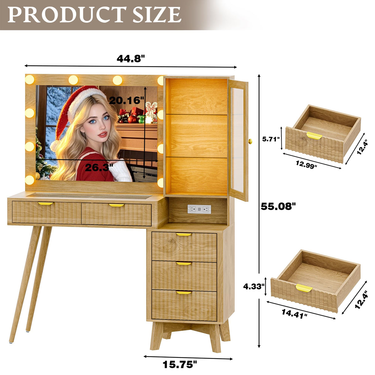 Fluted Vanity Desk with Mirror and Lights, 45" Glass Top Makeup Table Set with 5 Drawers, Power Outlet & Storage Cabinet, Large Dressing Table with RGB Ambient Light for Bedroom Women Girls, Oak Xixini