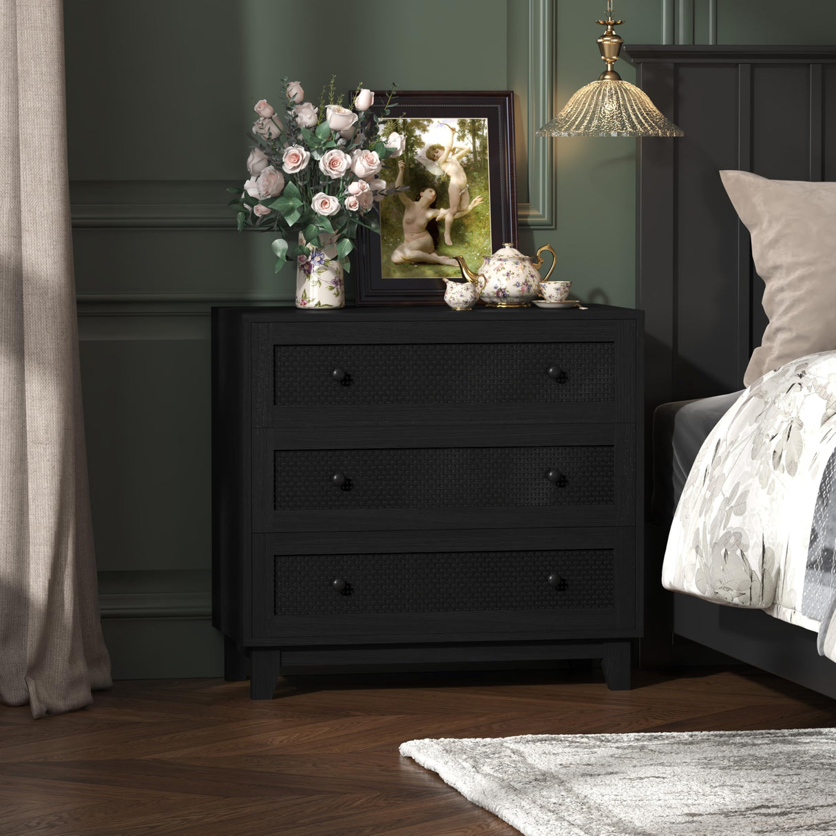 Boonatu Rattan & Wooden 3-Drawer Dresser for Bedroom, Short Chests of Drawers for Clothes Organizer, Durable Nightstand with Ample Storage, Farmhouse Boho Side Table for Hallway Boonatu