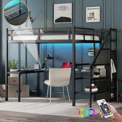 Full-Size Metal Loft Bed with Integrated Desk, Wardrobe, and LED Lighting - WoodArtSupply