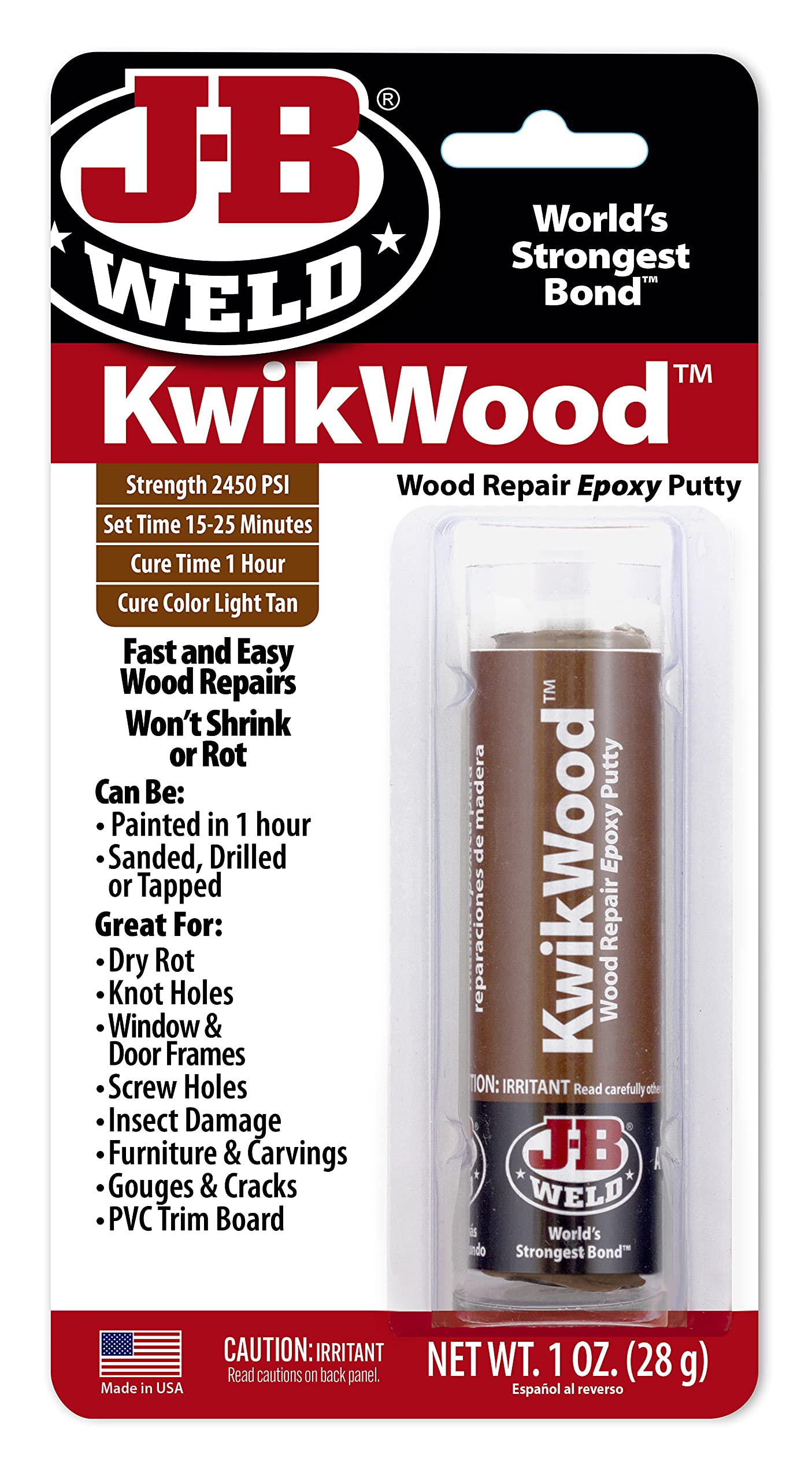 J-B Weld Tan KwikWood Wood Repair Epoxy Putty, 1 oz. Stick - WoodArtSupply