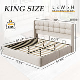 Lifezone King Size Storage Bed Frame with Hydraulic Lift & Wingback Headboard, Linen Upholstered, Space Saving Platform, No Box Spring Needed, Noise Free, Strong Support, Modern Furniture, Beige Lifezone